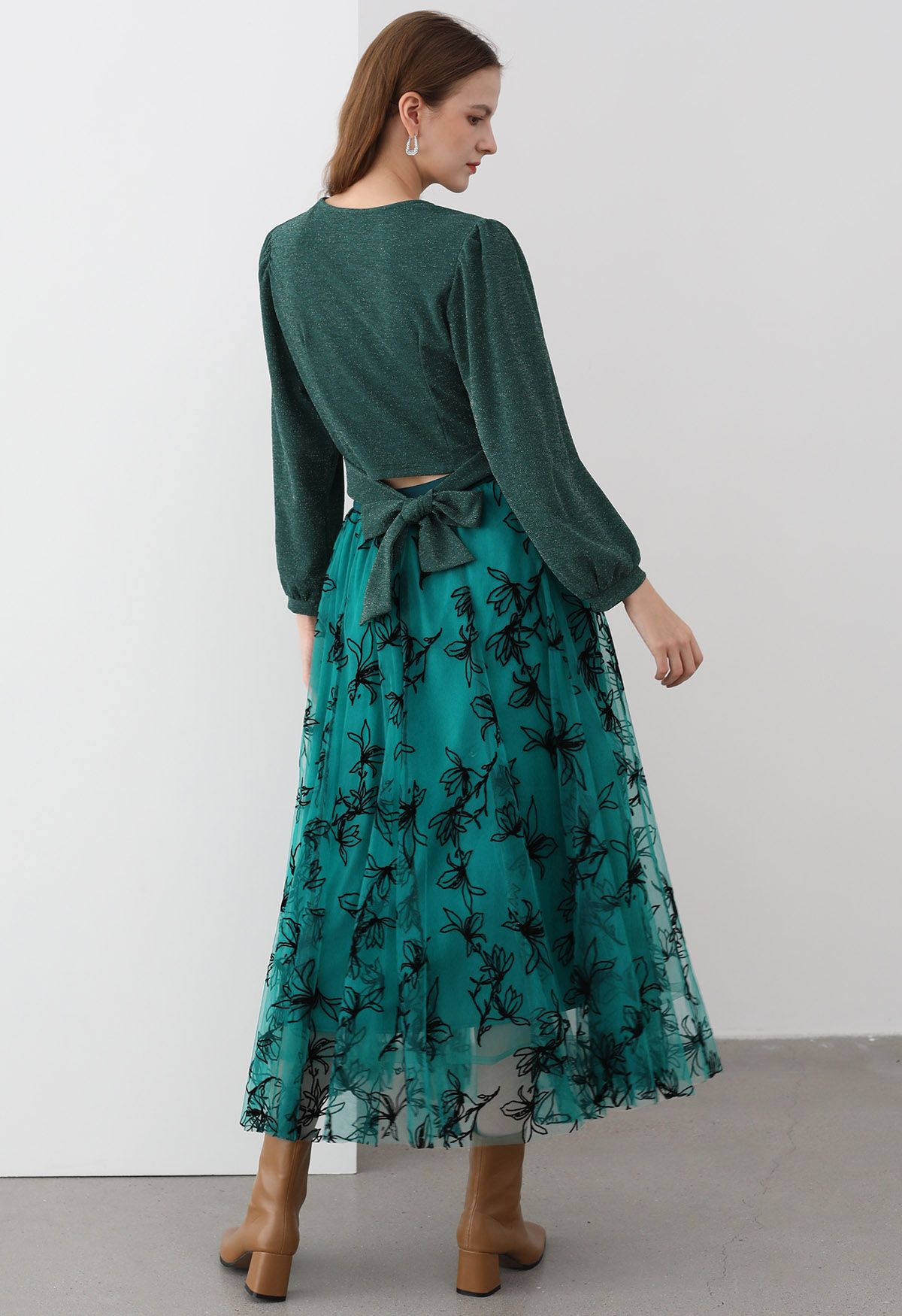 Velvet Magnolia Double-Layered Mesh Maxi Skirt in Green