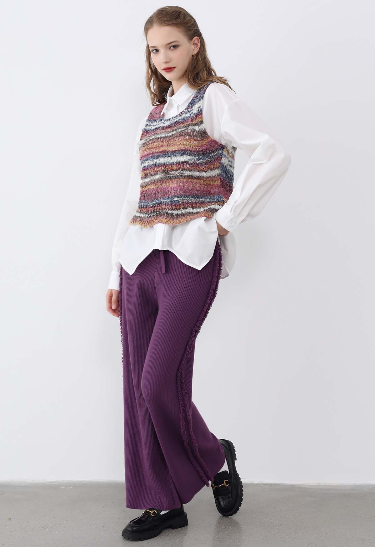 Side Tassel Trim Straight-Leg Knit Pants in Purple