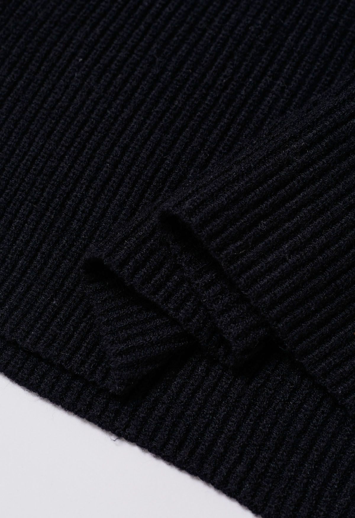 Patch Pocket Ribbed Knit Sweater in Black