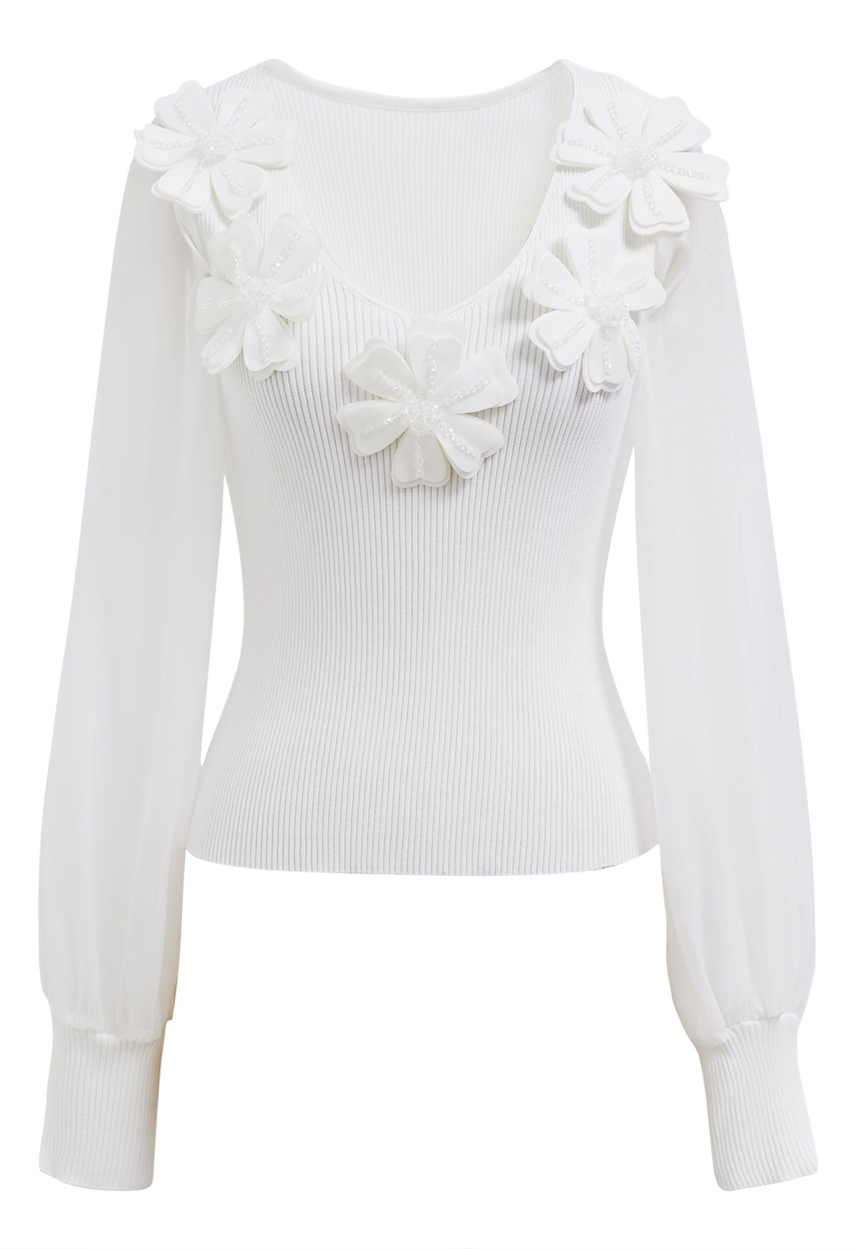 Beaded Flower V-Neck Bubble Sleeve Spliced Knit Top in White