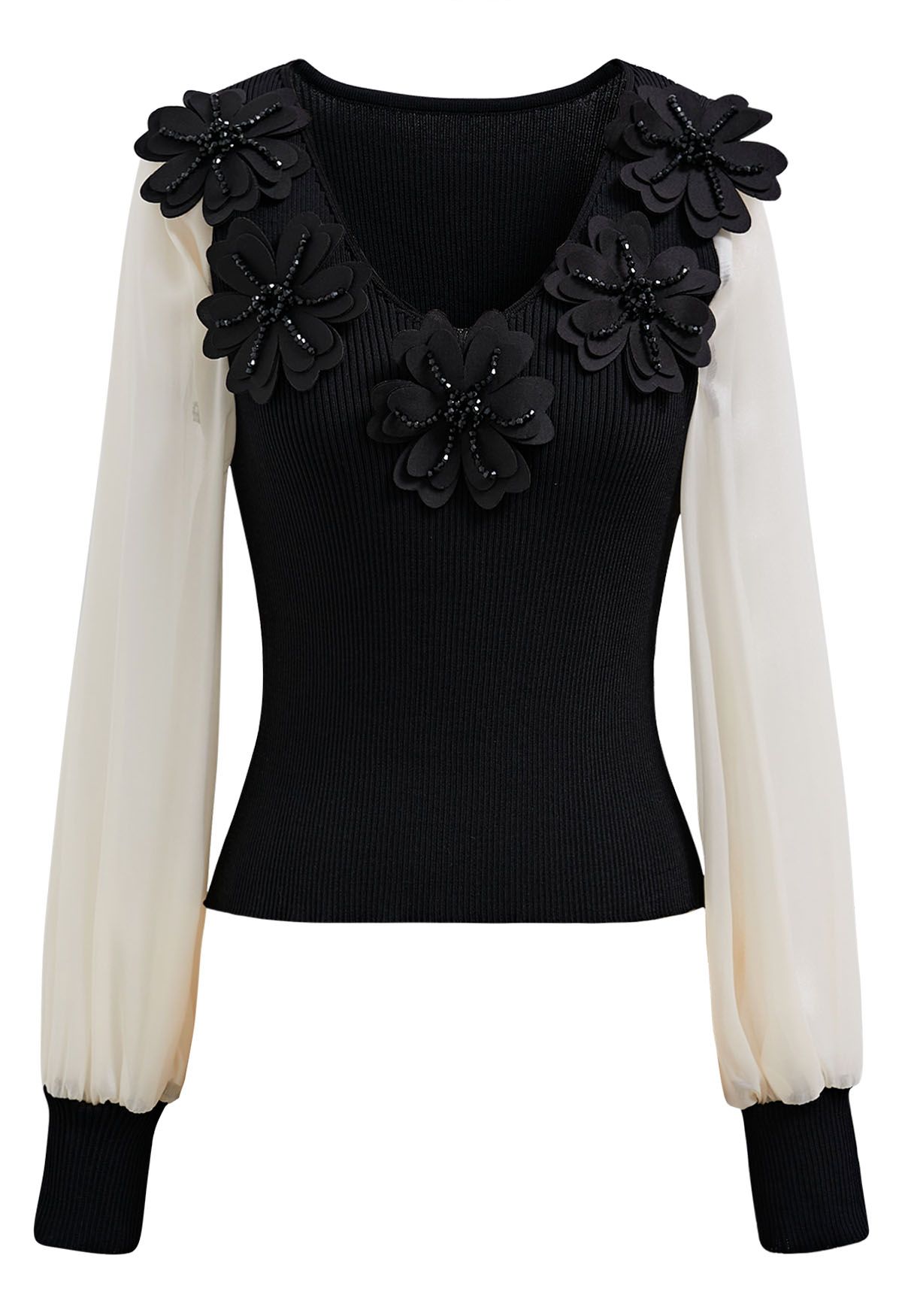 Beaded Flower V-Neck Bubble Sleeve Spliced Knit Top in Black