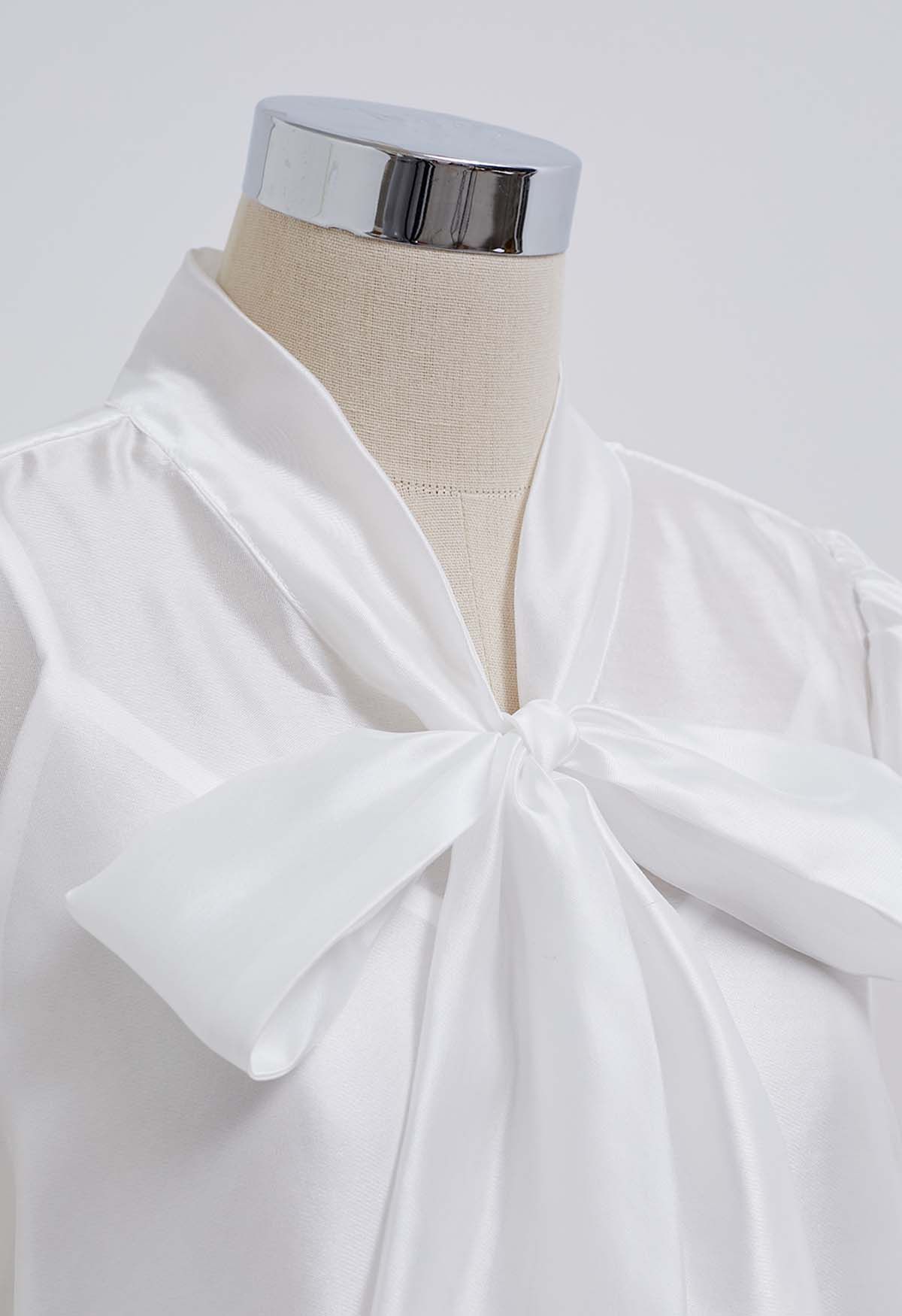 Elegant Bowknot Puff Sleeves Sheer Shirt in White