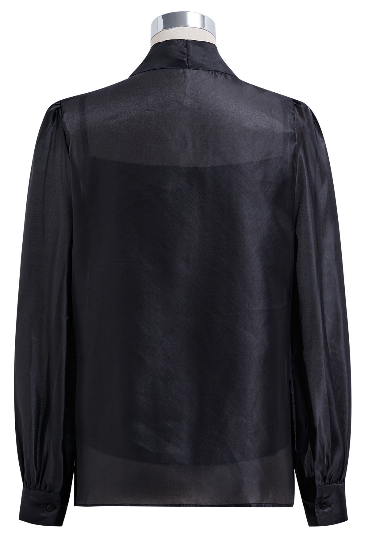 Elegant Bowknot Puff Sleeves Sheer Shirt in Black
