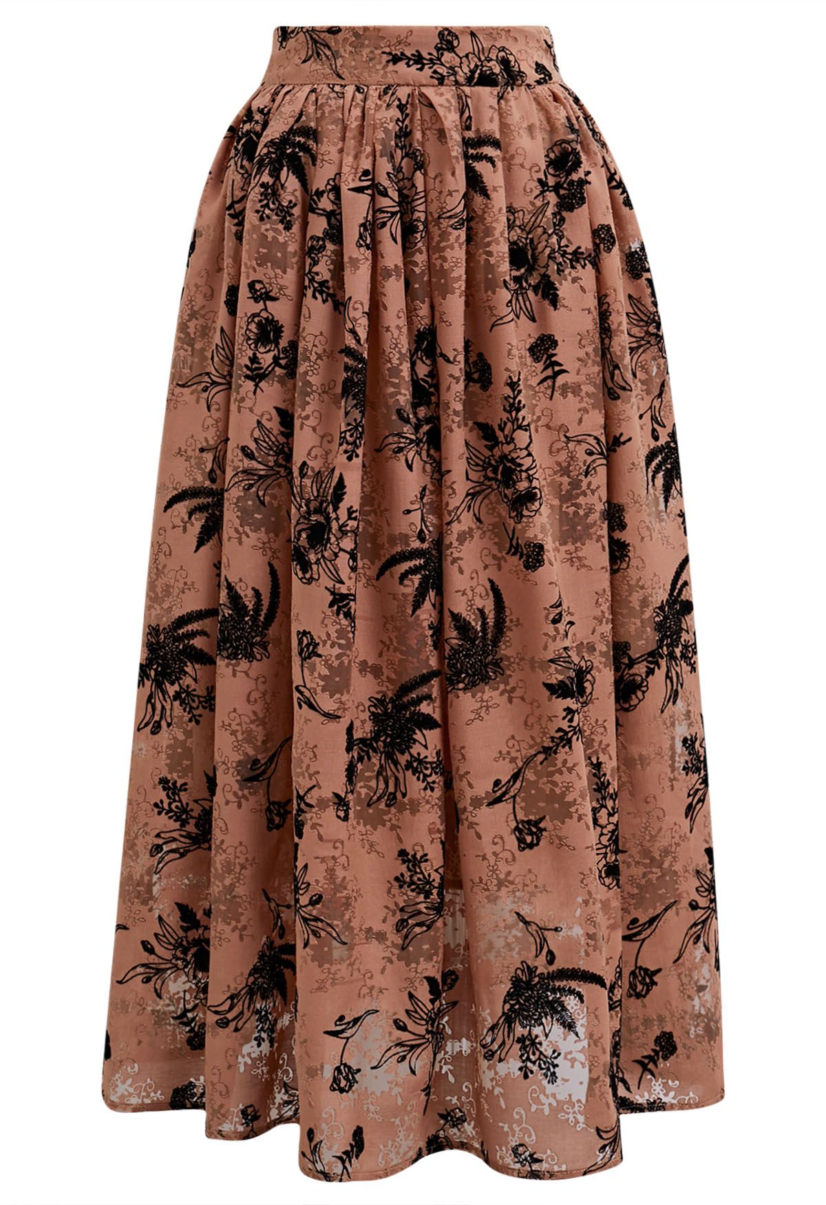 Velvet Flowers Rust Red Jacquard Midi Skirt