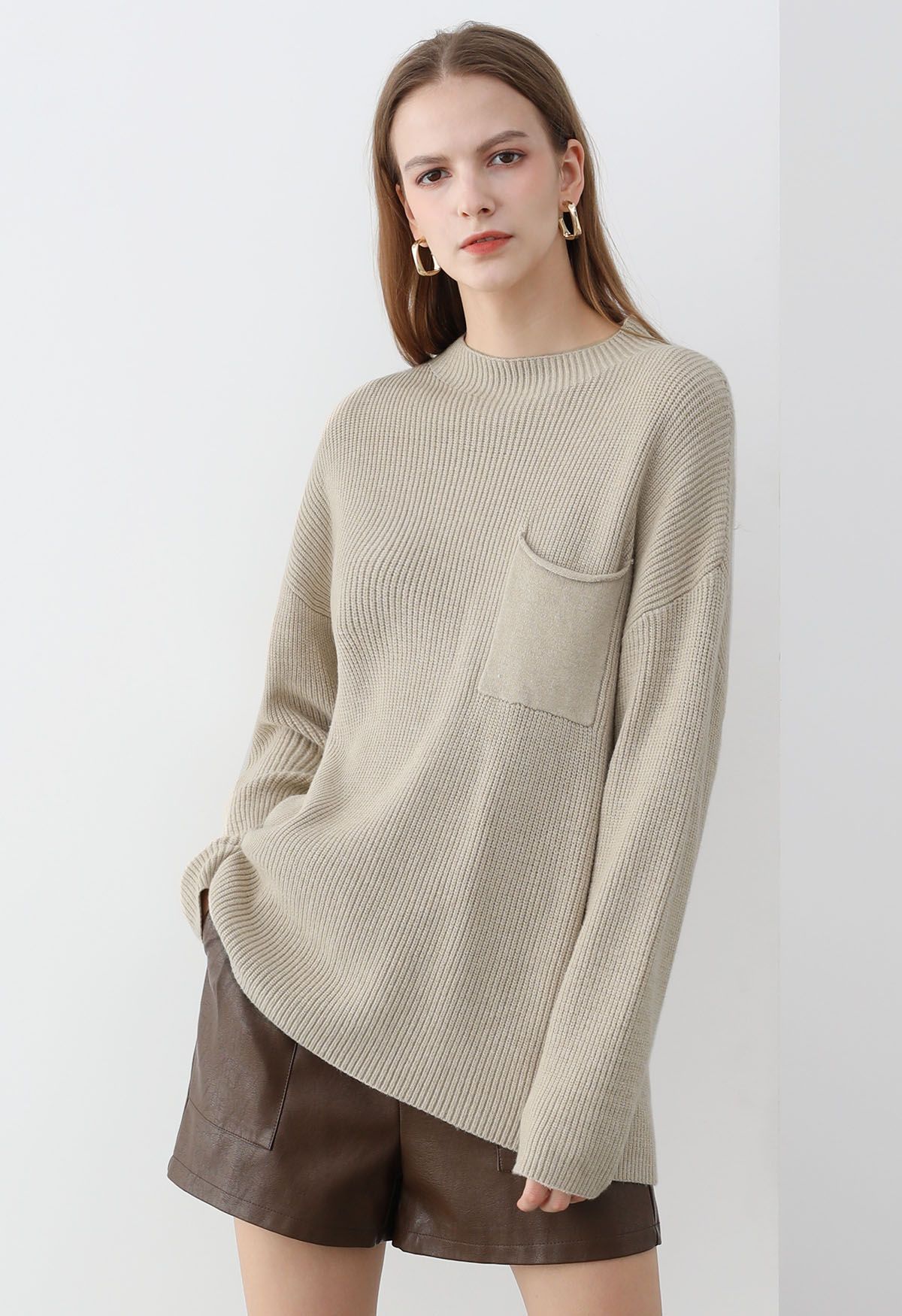 Patch Pocket Ribbed Knit Sweater in Sand