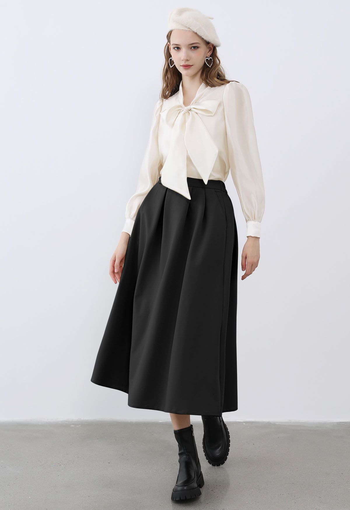 Button Decorated Pleated A-Line Skirt in Black