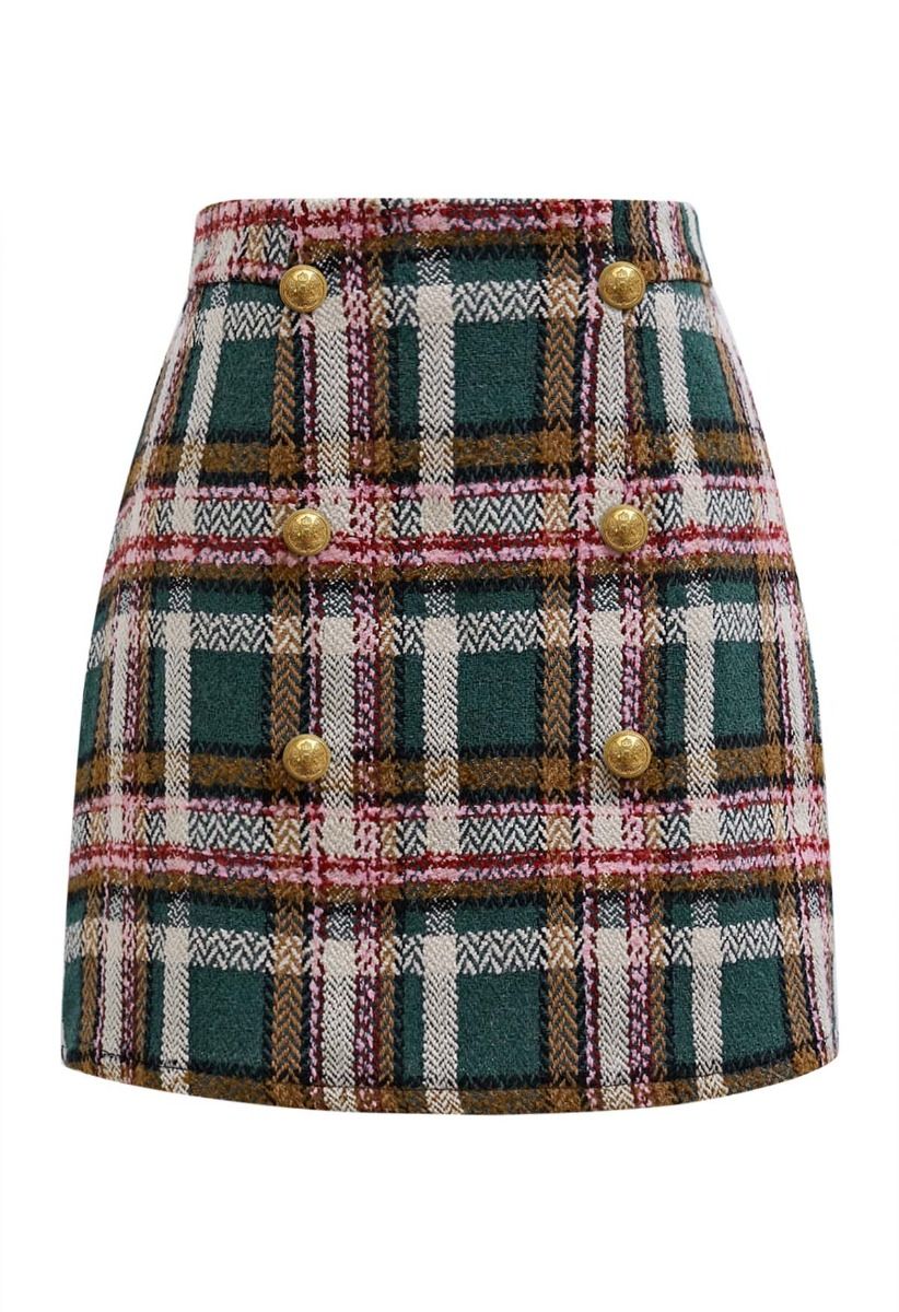 Golden Buttons Green Plaid Wool-Blend Mini Skirt