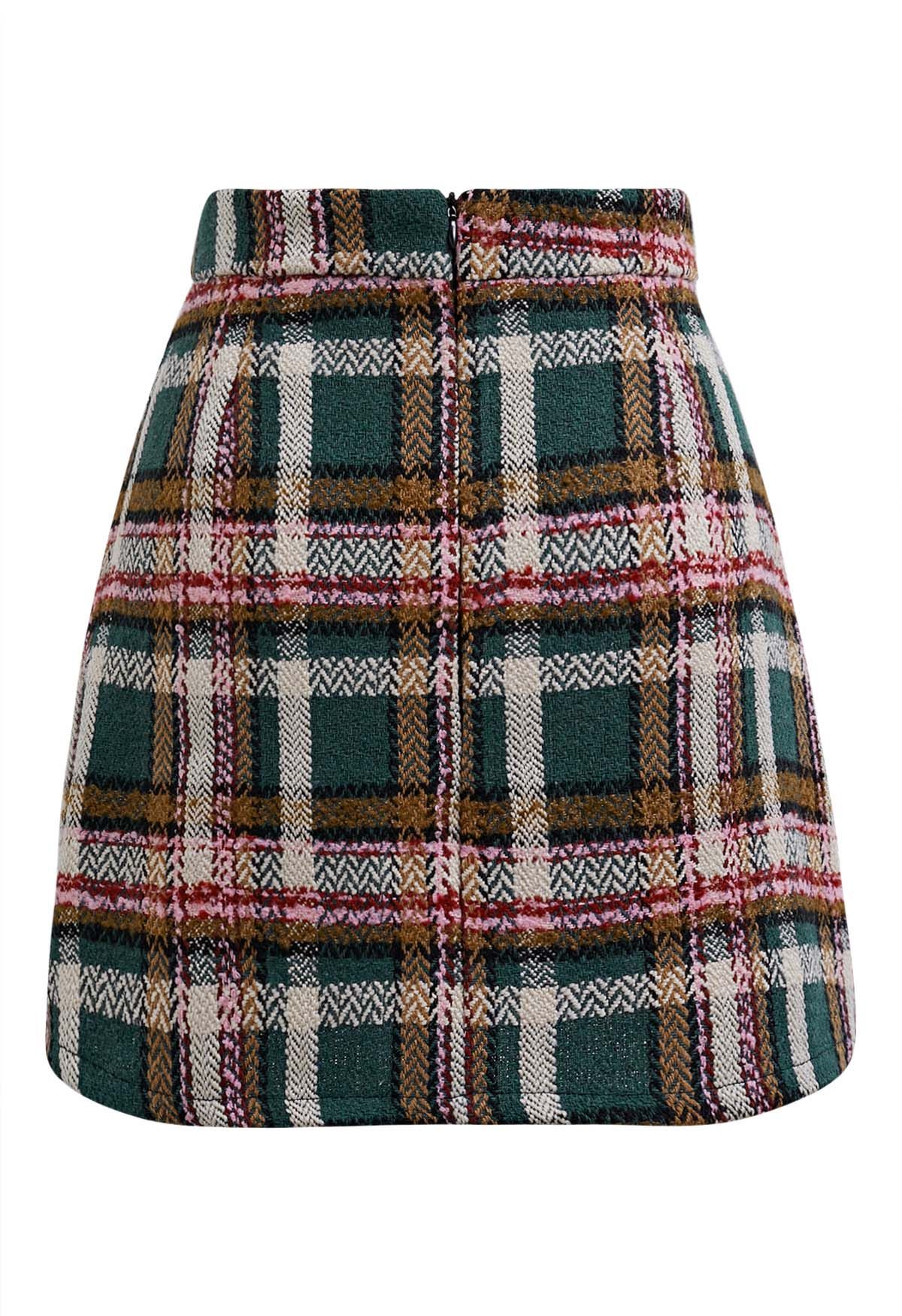 Golden Buttons Green Plaid Wool-Blend Mini Skirt