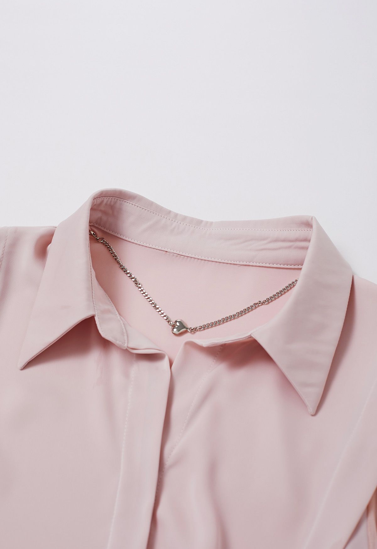 Heart Necklace V-Neck Satin Shirt in Dusty Pink