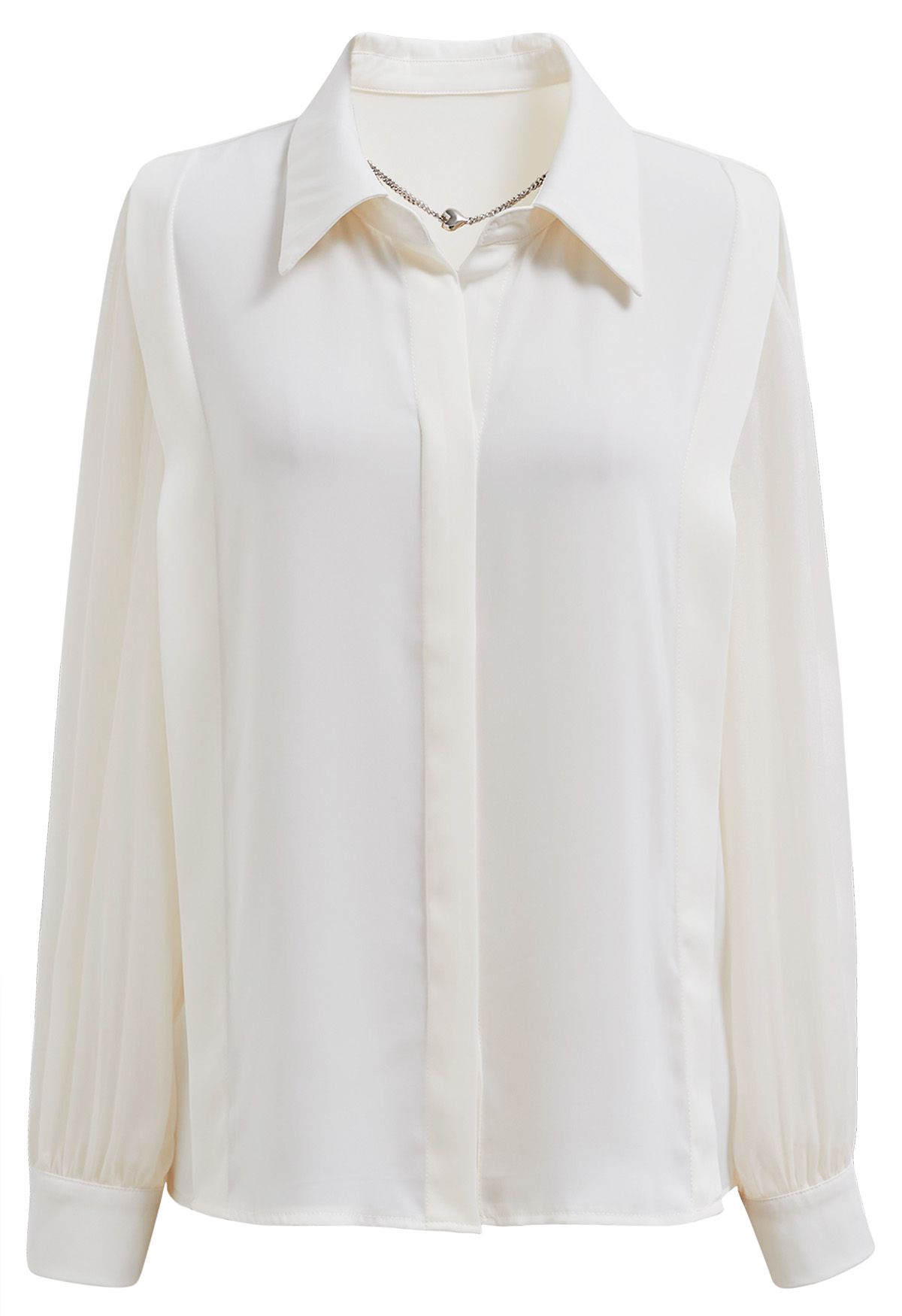 Heart Necklace V-Neck Satin Shirt in Cream