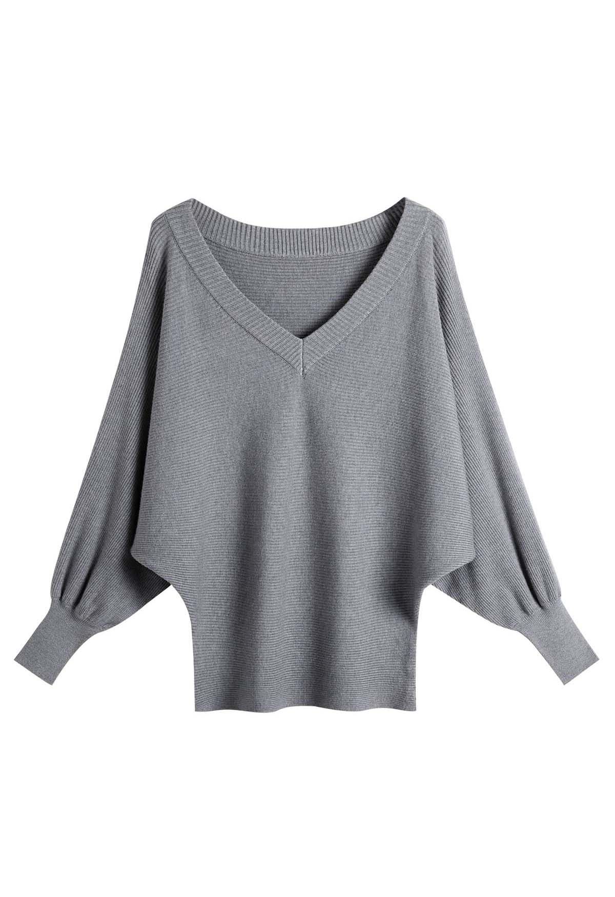 V-Neck Batwing Sleeves Pullover Knit Sweater in Grey