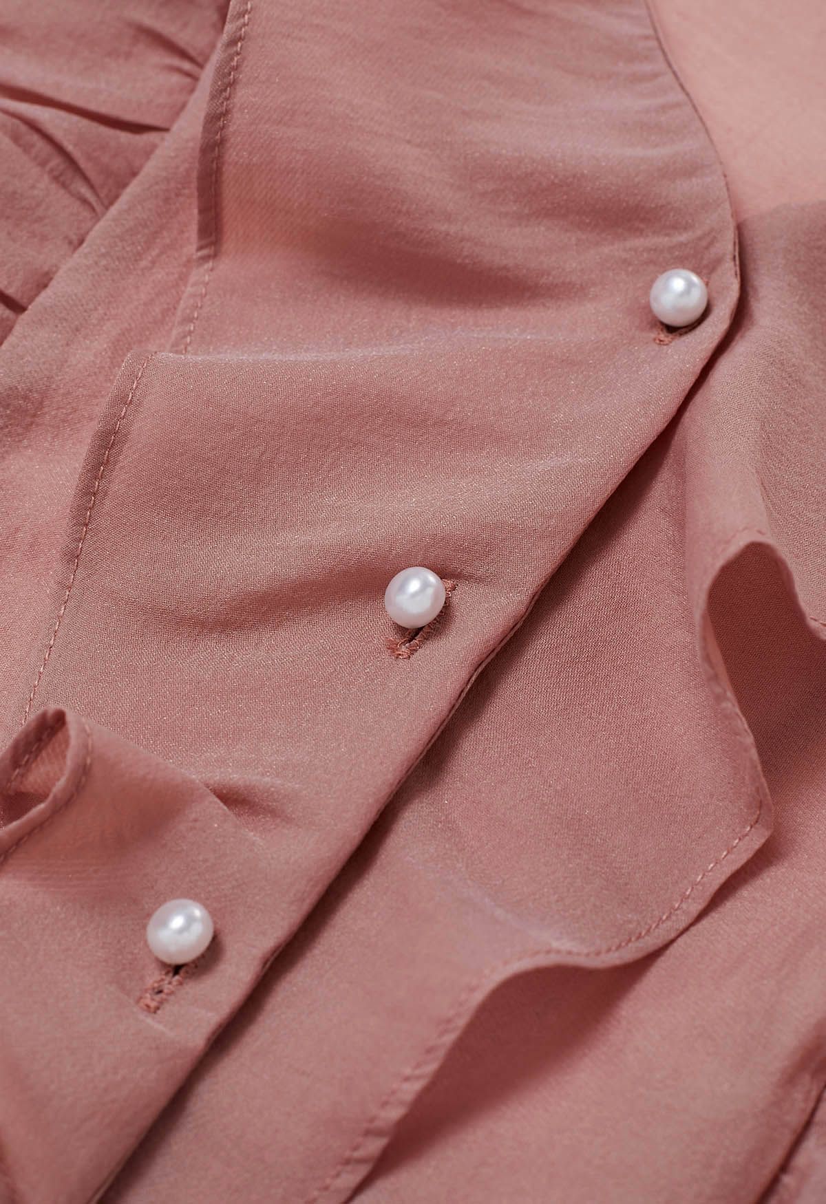 Flower Choker Necklace Ruffle Trim Shirt in Pink