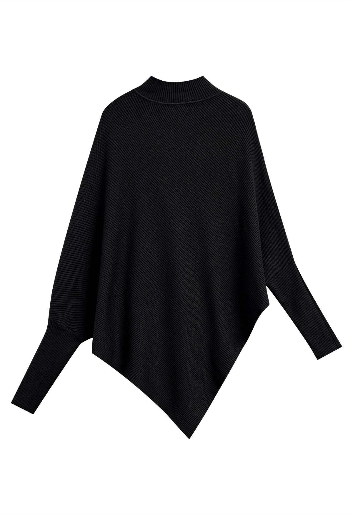 Asymmetric Batwing Sleeve Ribbed Knit Poncho in Black