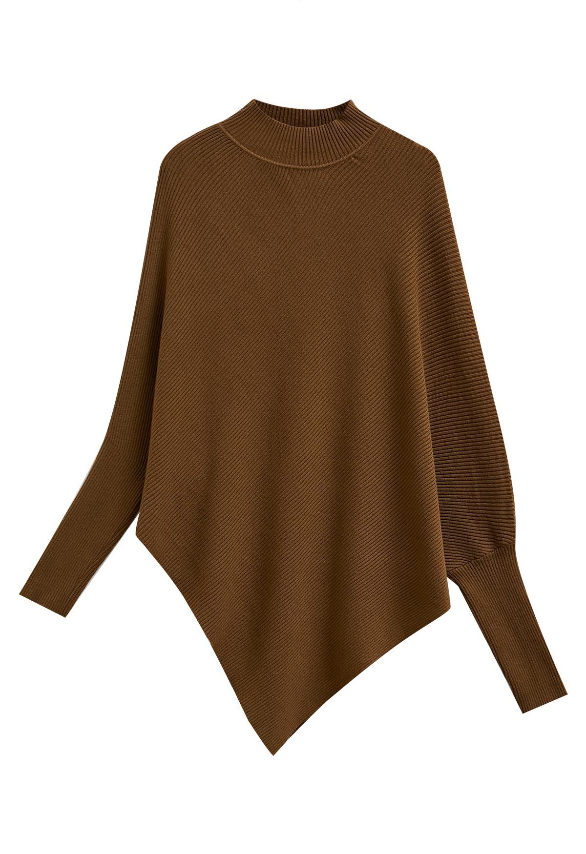 Asymmetric Batwing Sleeve Ribbed Knit Poncho in Caramel