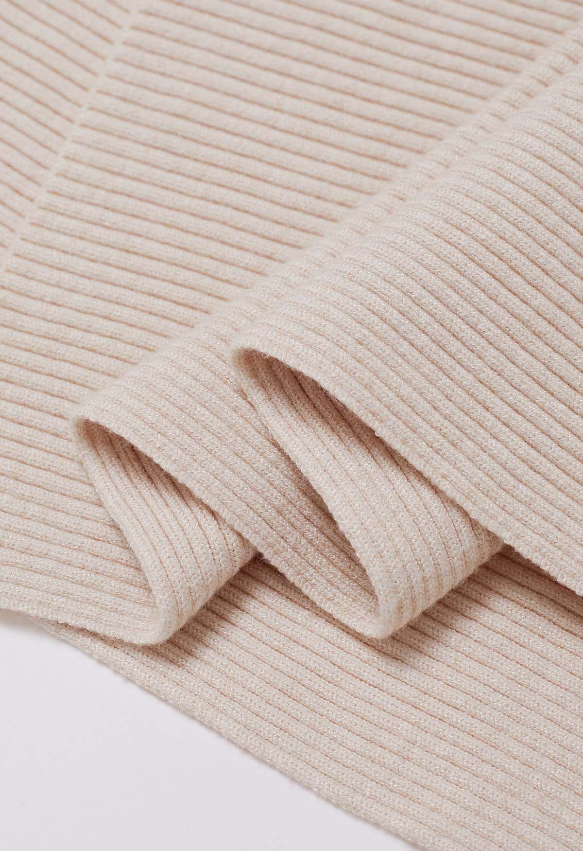 Asymmetric Batwing Sleeve Ribbed Knit Poncho in Oatmeal