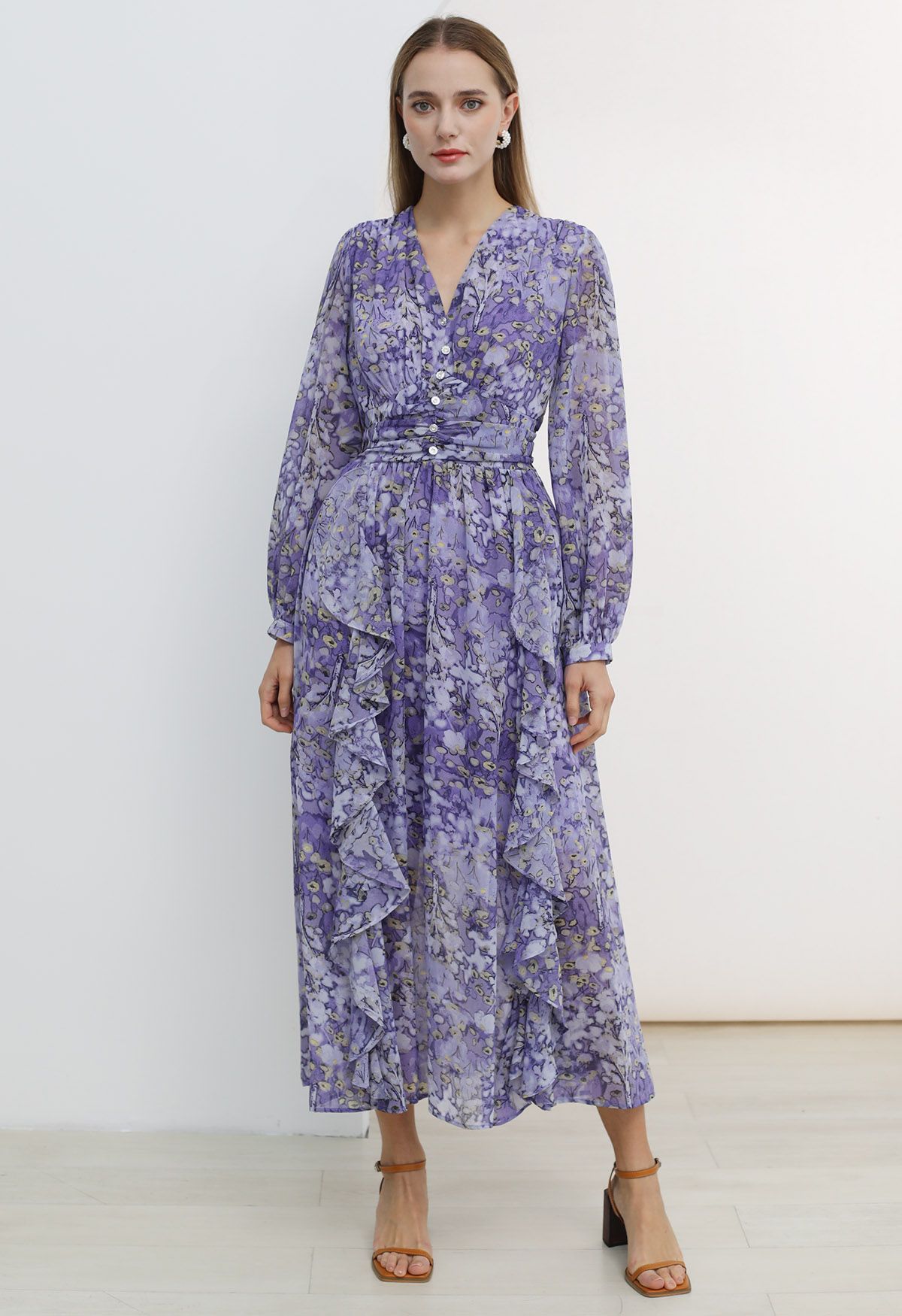 Dainty Floret Print Ruffle Chiffon Maxi Dress in Lavender