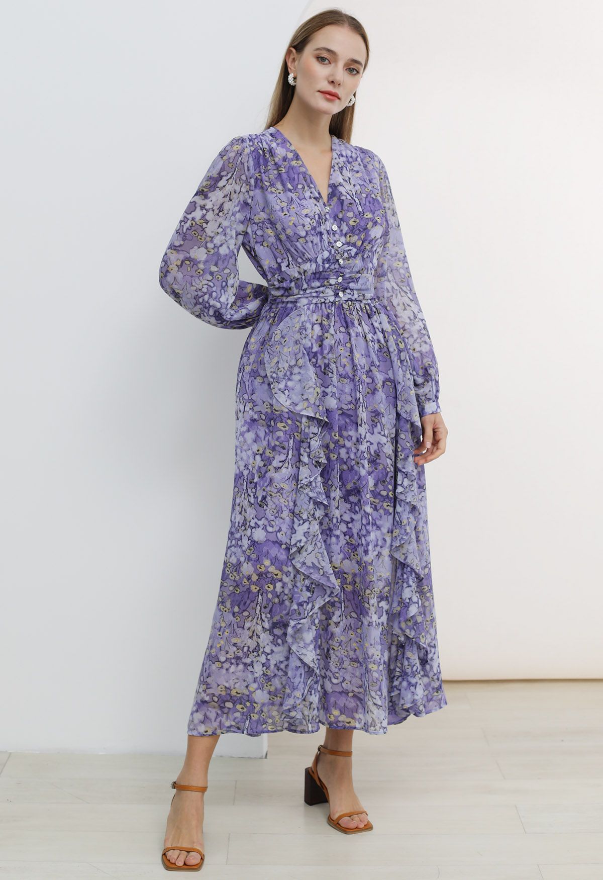 Dainty Floret Print Ruffle Chiffon Maxi Dress in Lavender