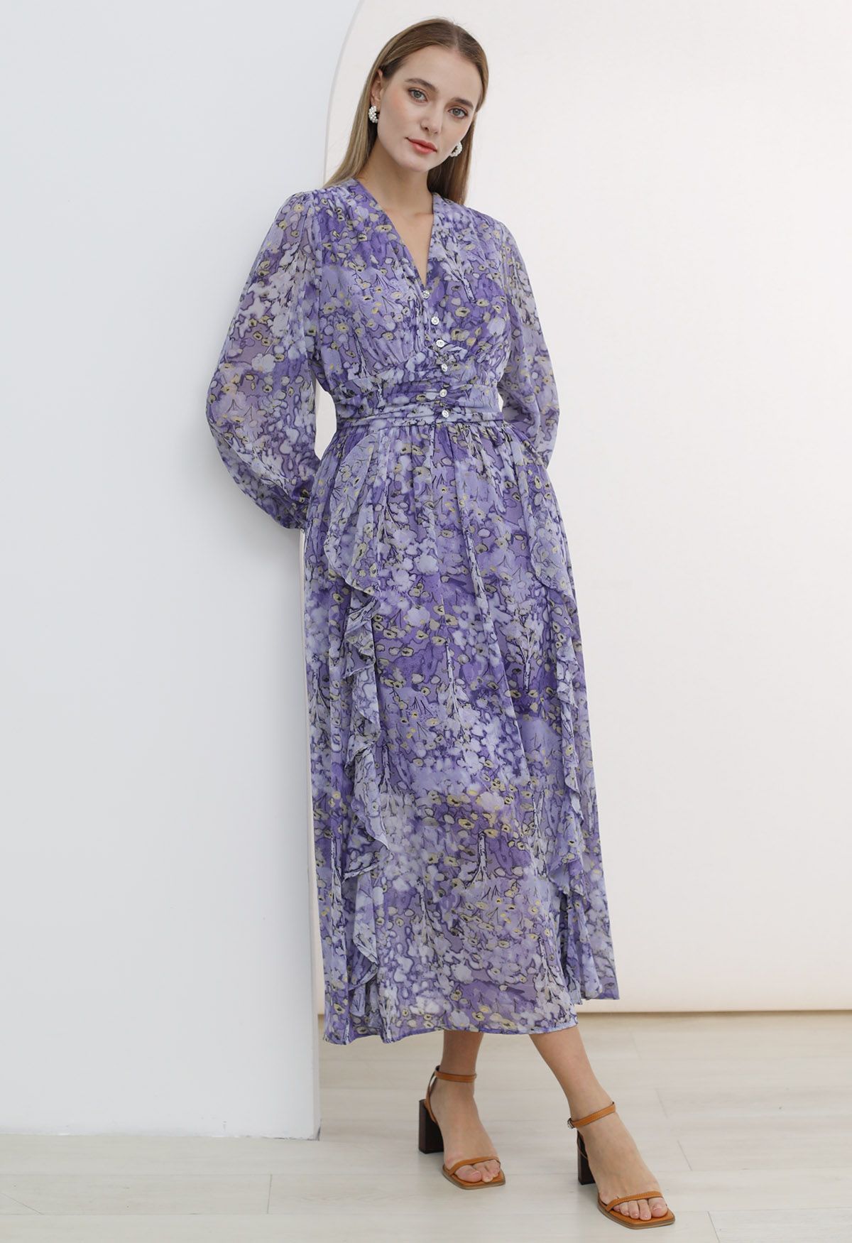 Dainty Floret Print Ruffle Chiffon Maxi Dress in Lavender