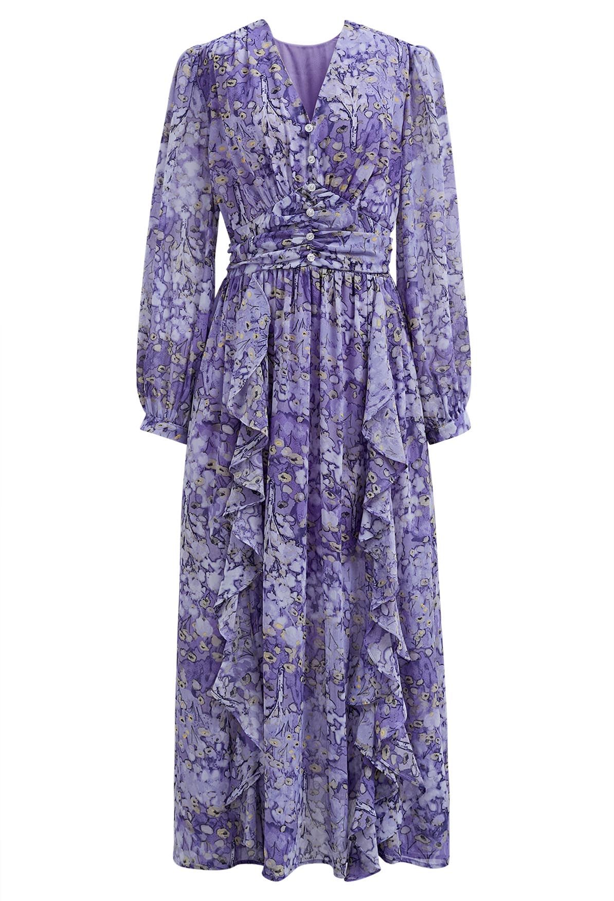 Dainty Floret Print Ruffle Chiffon Maxi Dress in Lavender