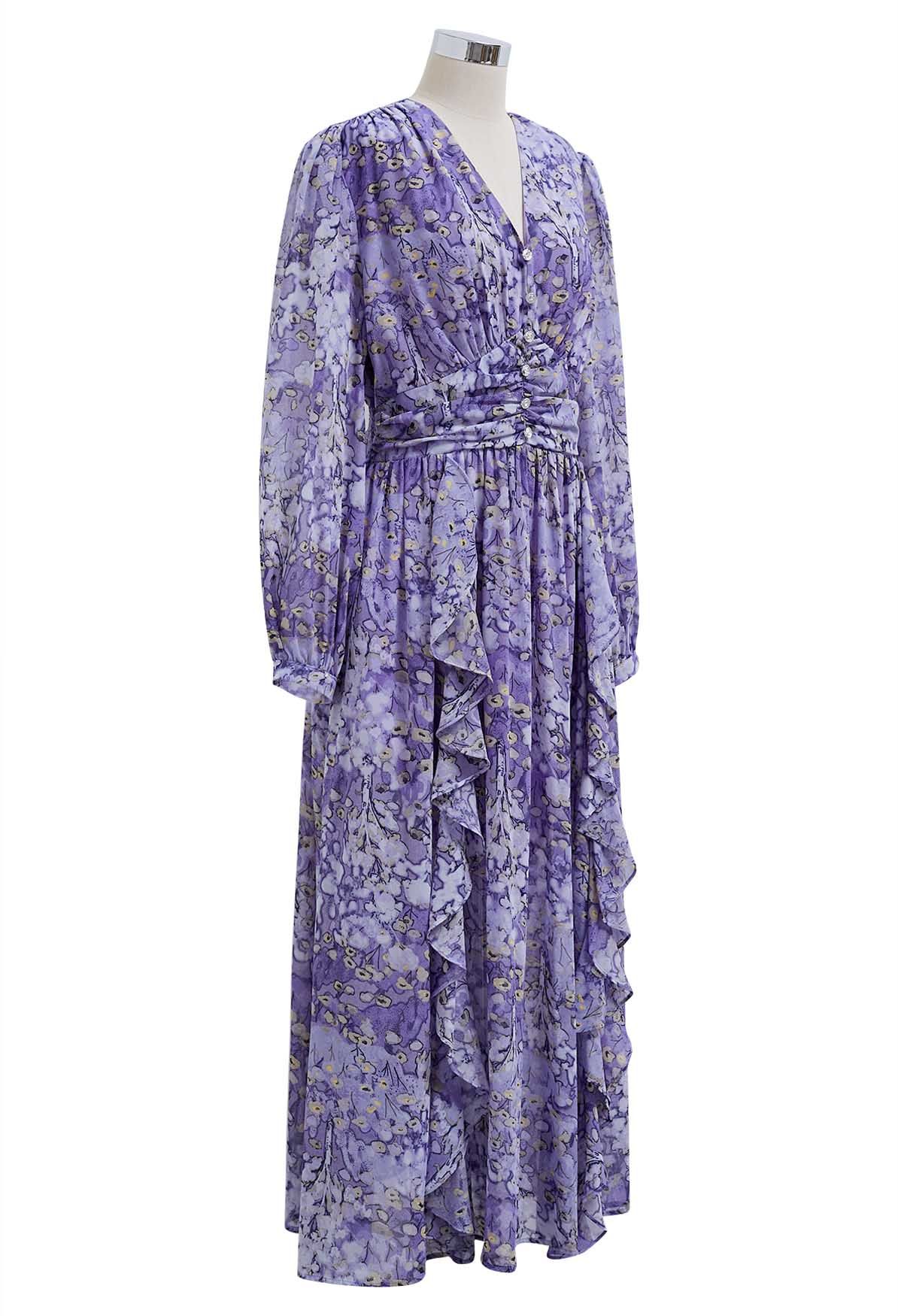 Dainty Floret Print Ruffle Chiffon Maxi Dress in Lavender