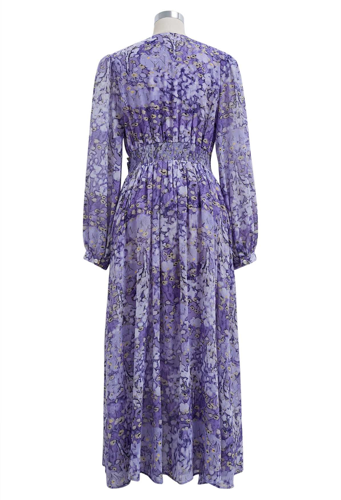 Dainty Floret Print Ruffle Chiffon Maxi Dress in Lavender