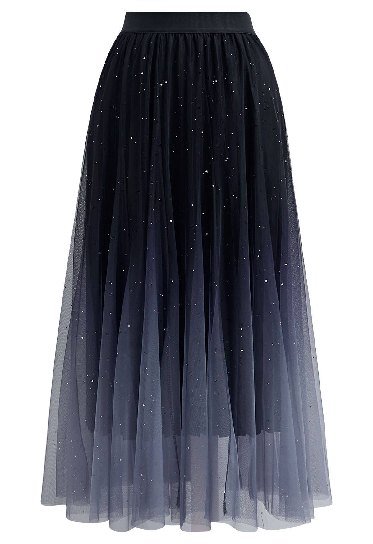 Gradient Mesh Sequined Midi Skirt in Black