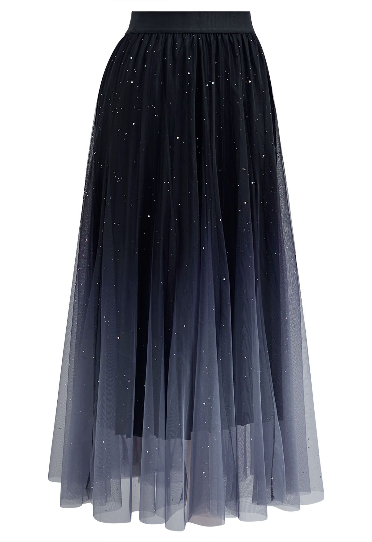 Gradient Mesh Sequined Midi Skirt in Black