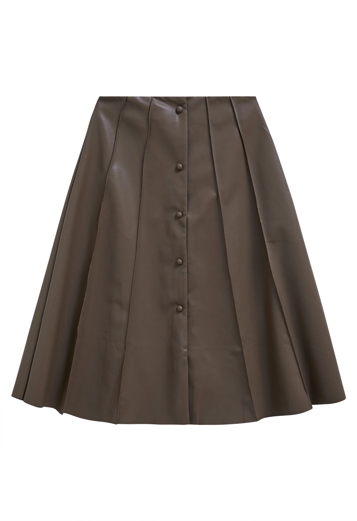 Button Front Faux Leather Midi Skirt in Brown