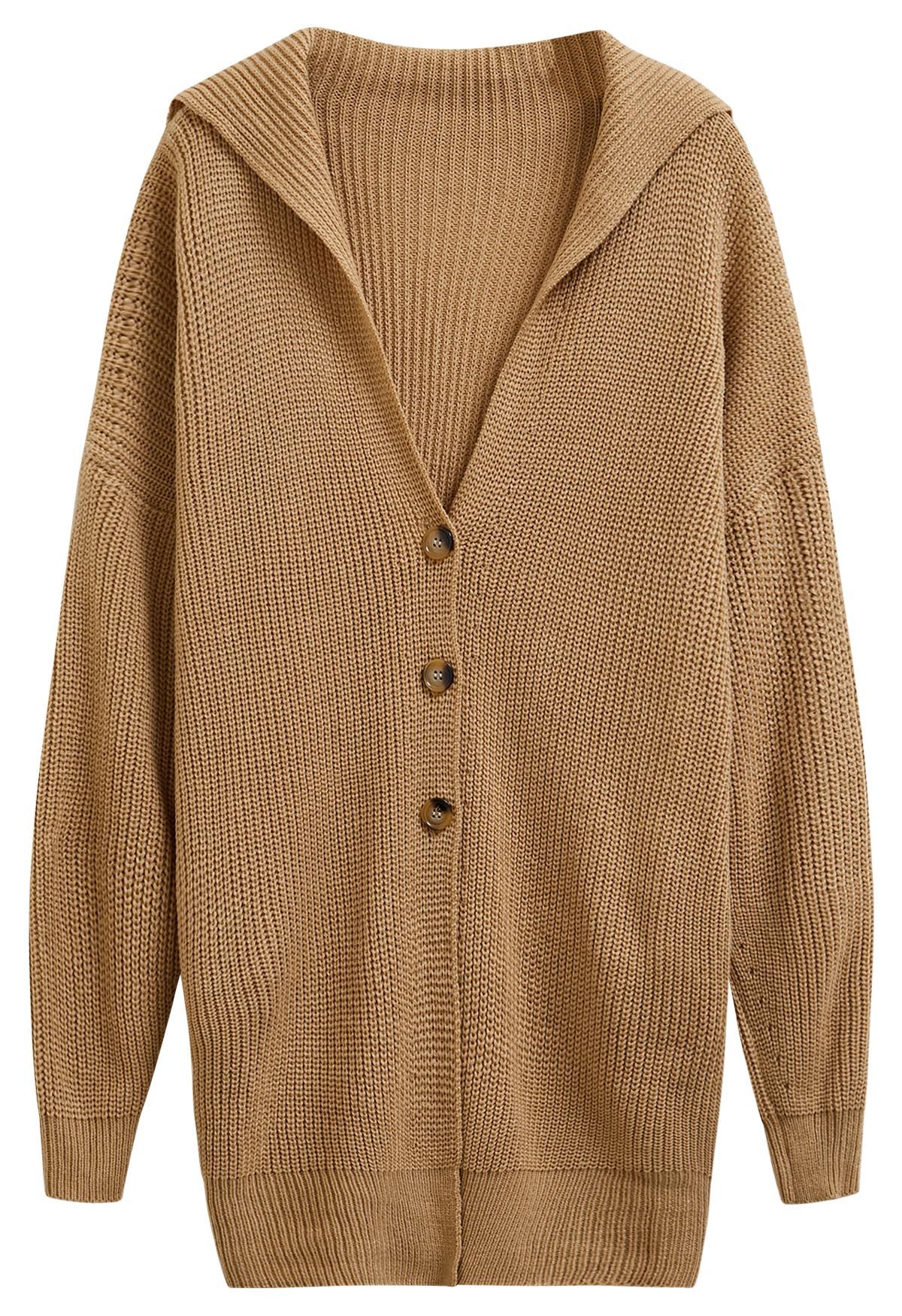 Flap Collar Button Down Longline Knit Cardigan in Tan