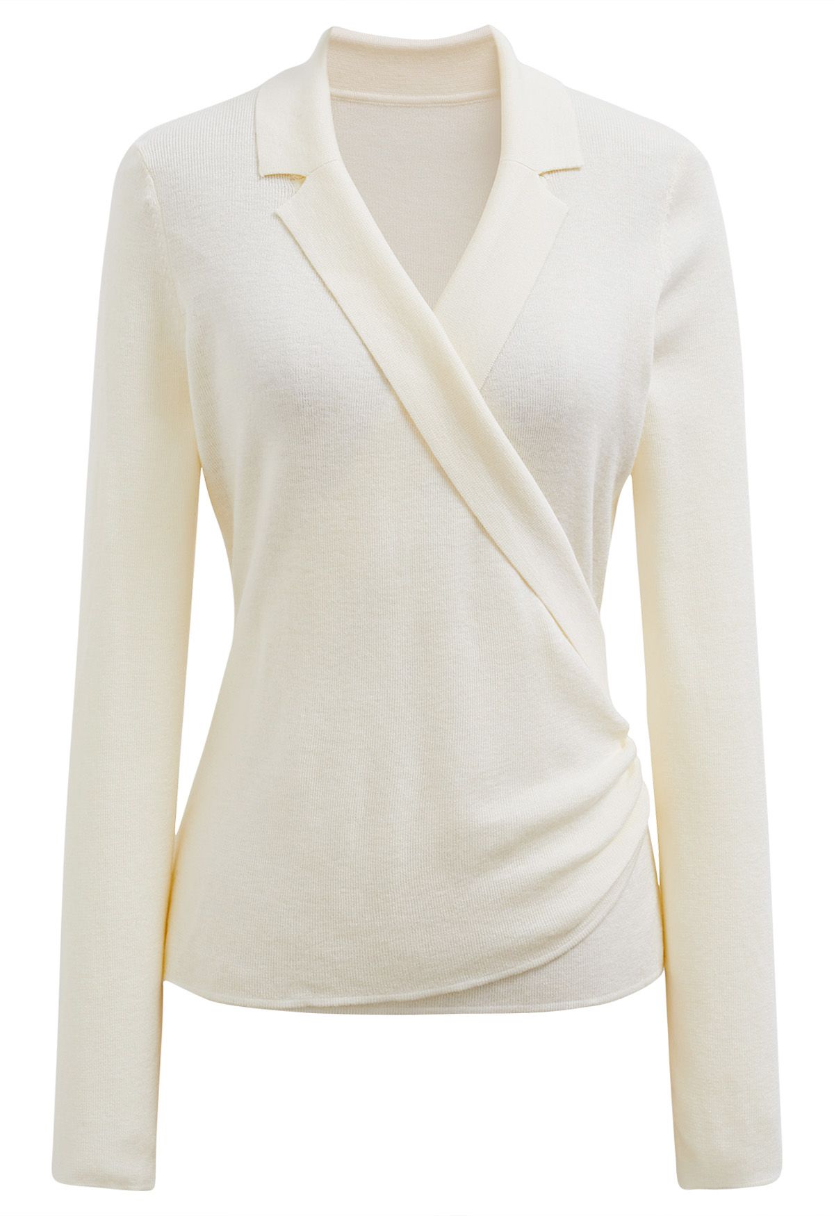 Collared Surplice Neck Wool-Blend Top in Ivory