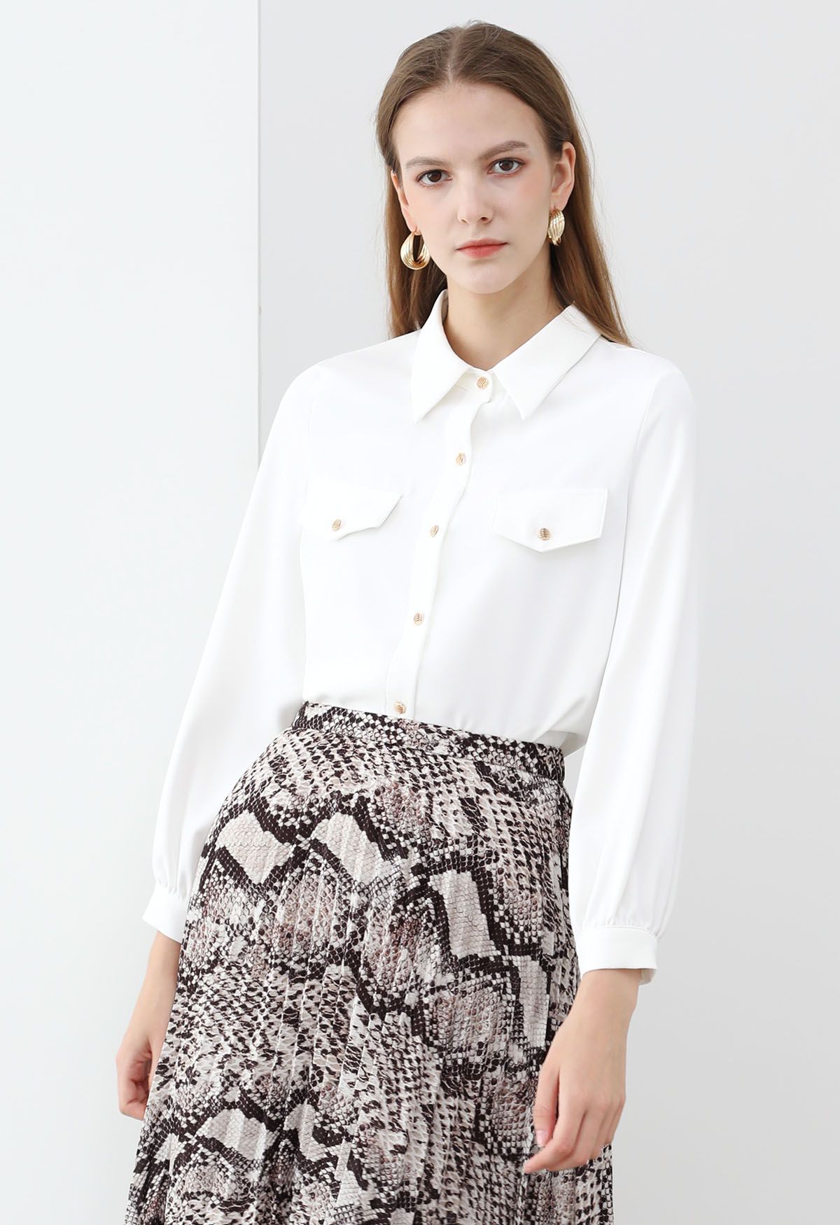Modern Flair Button-Accented Chiffon Shirt in White