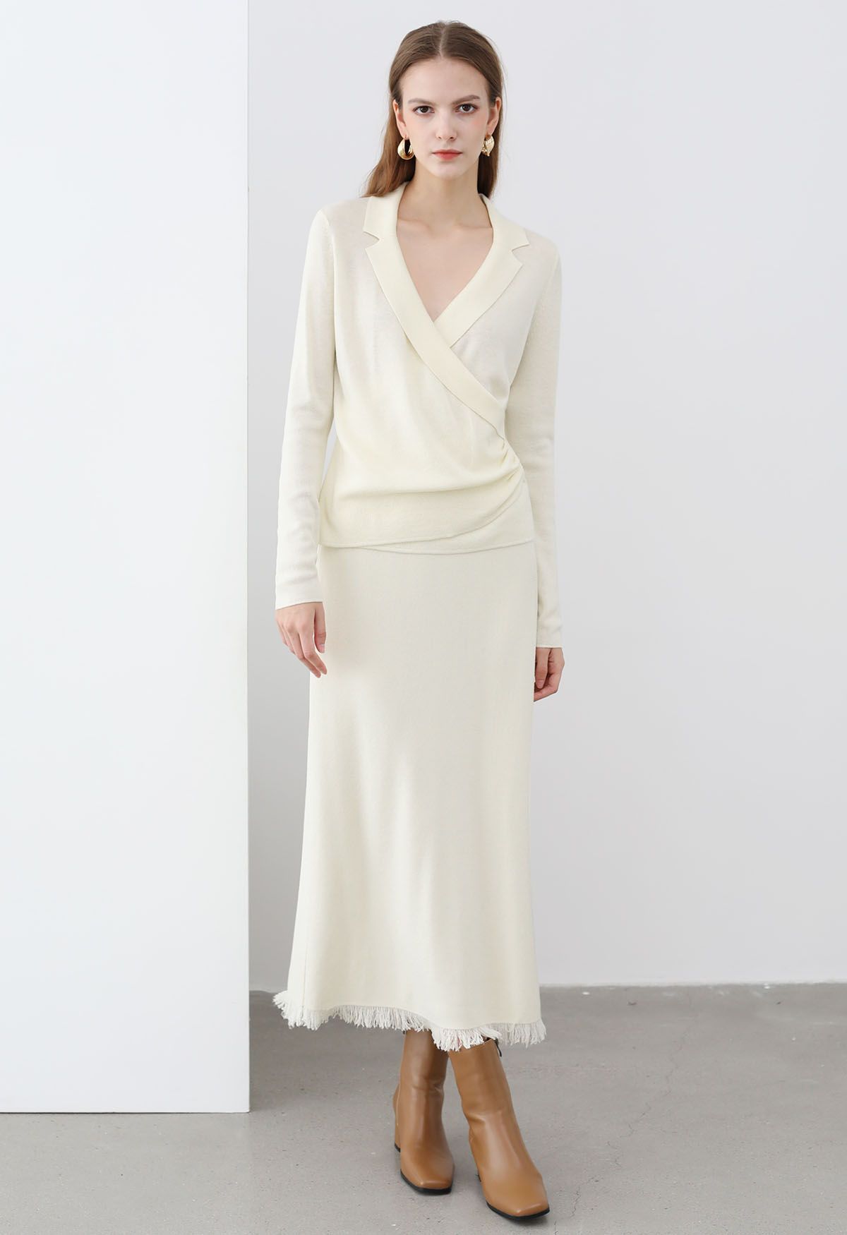 Collared Surplice Neck Wool-Blend Top in Ivory