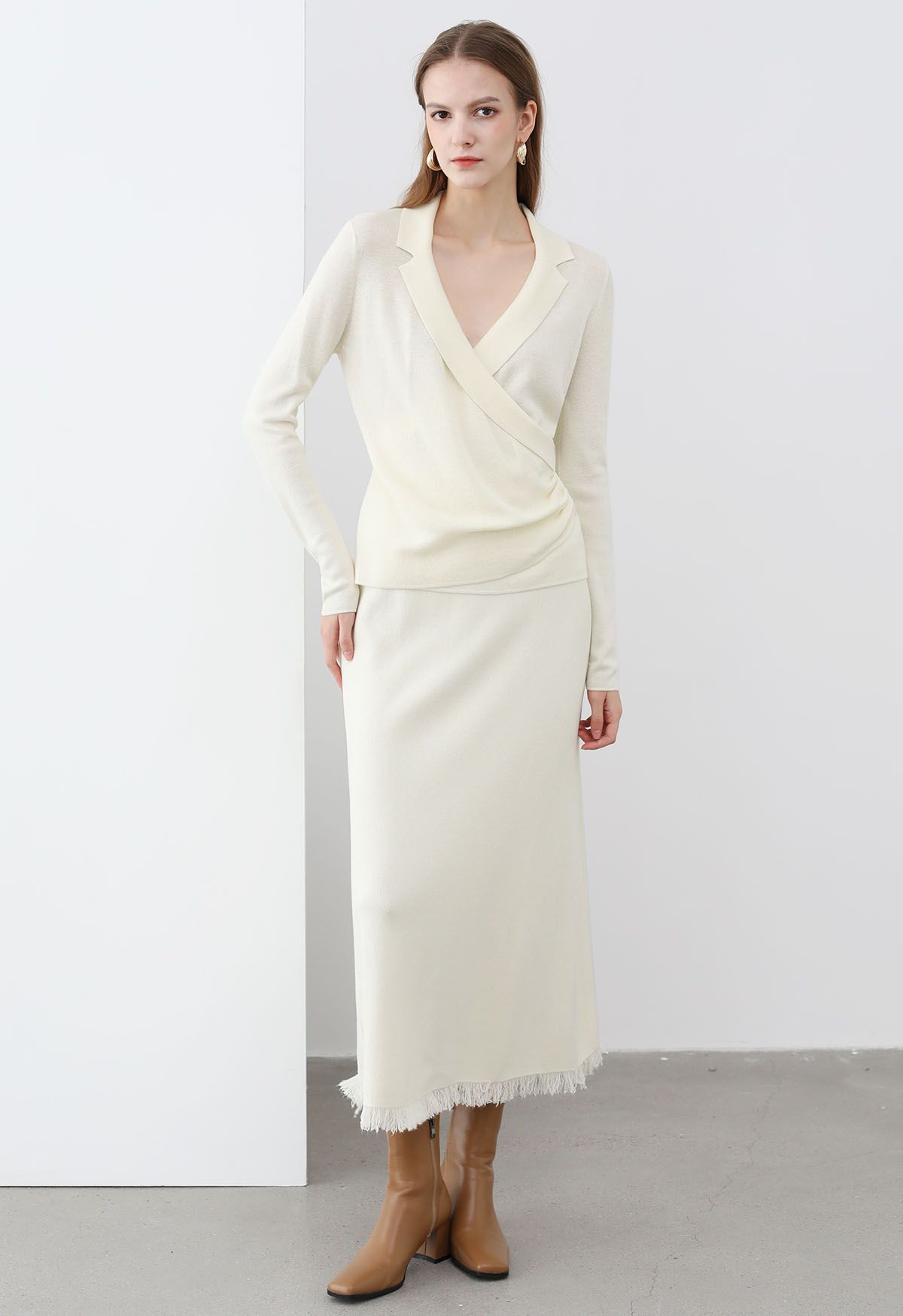 Collared Surplice Neck Wool-Blend Top in Ivory