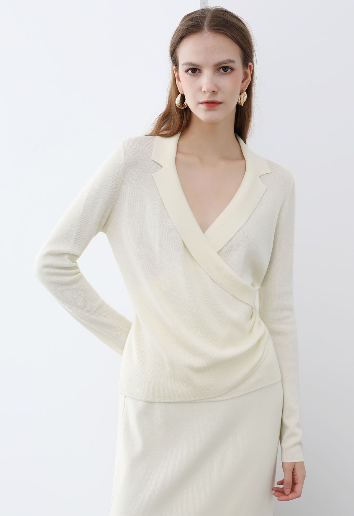 Collared Surplice Neck Wool-Blend Top in Ivory