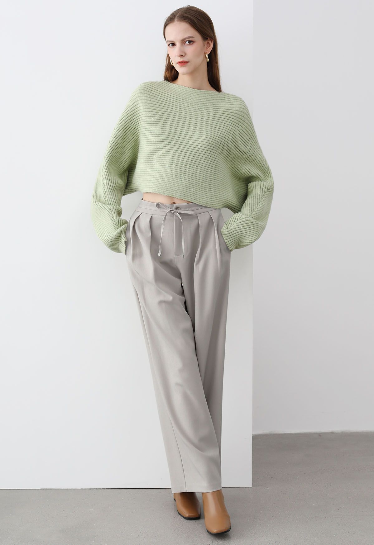 Dramatic Batwing Sleeve Ribbed Knit Sweater in Pistachio