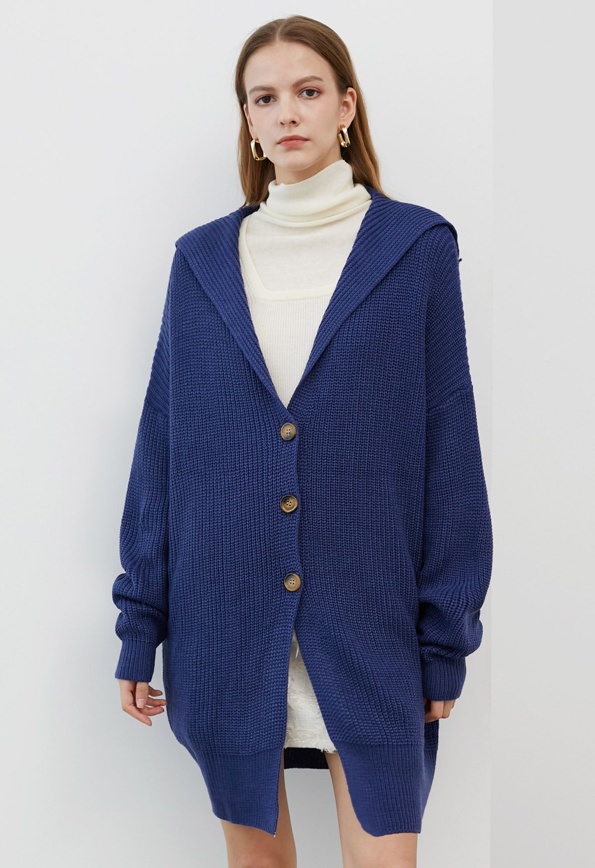 Flap Collar Button Down Longline Knit Cardigan in Navy