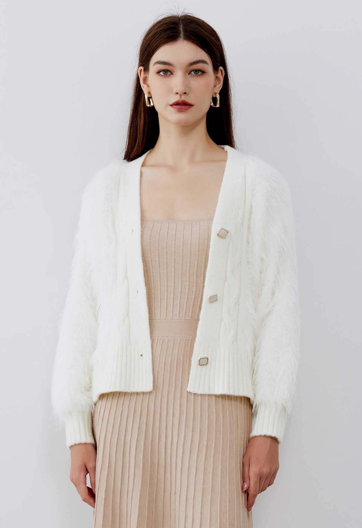 Softness Faux Fur Button-Up Cardigan in Cream