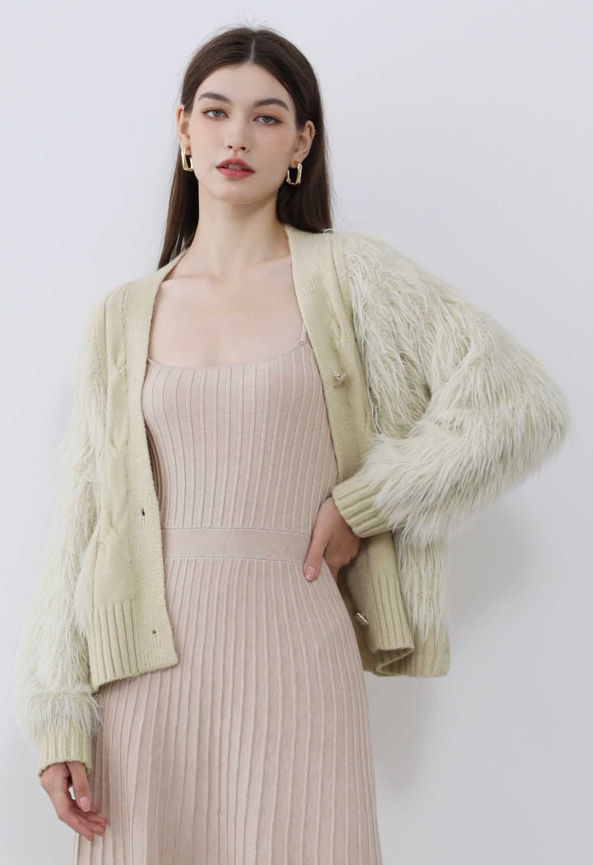 Softness Faux Fur Button-Up Cardigan in Light Tan