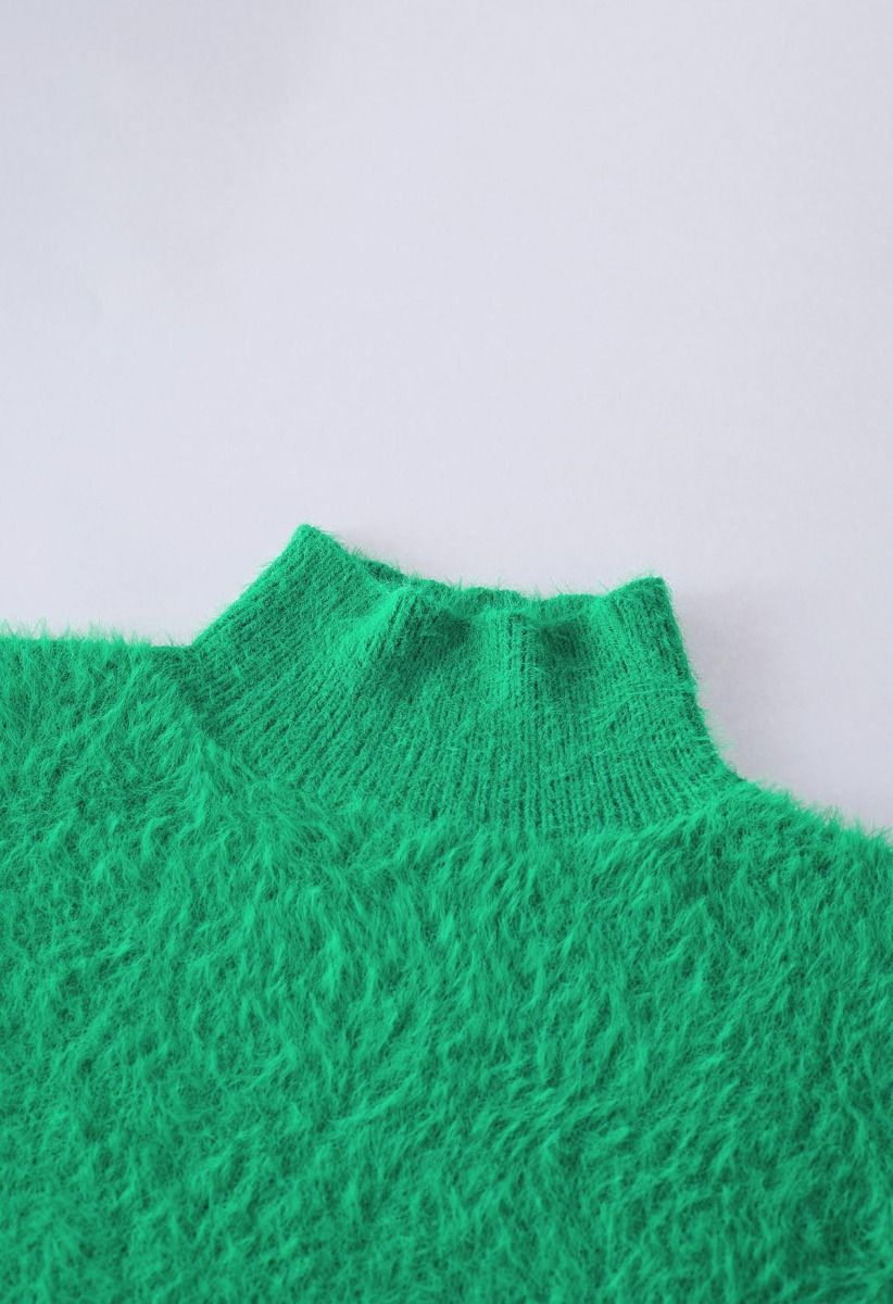 Cozy Perfection High Neck Fuzzy Knit Sweater in Green