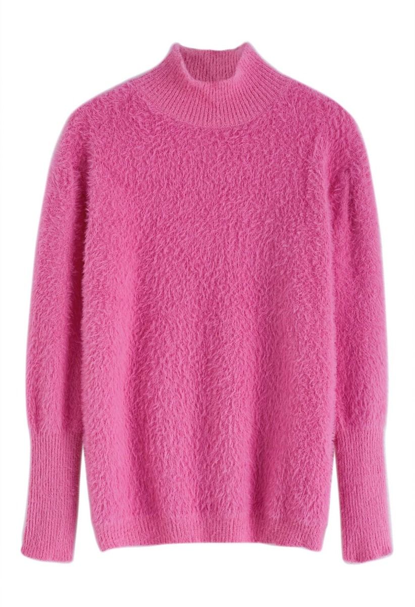 Cozy Perfection High Neck Fuzzy Knit Sweater in Pink