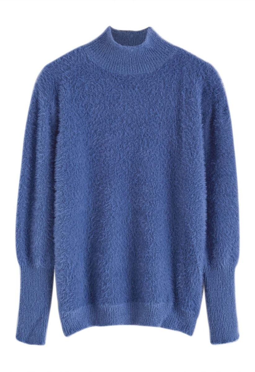 Cozy Perfection High Neck Fuzzy Knit Sweater in Blue