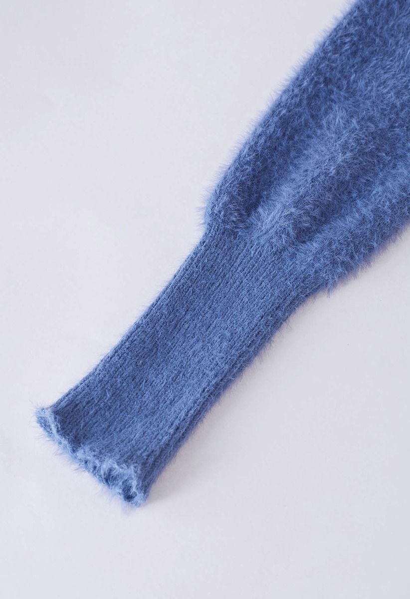 Cozy Perfection High Neck Fuzzy Knit Sweater in Blue