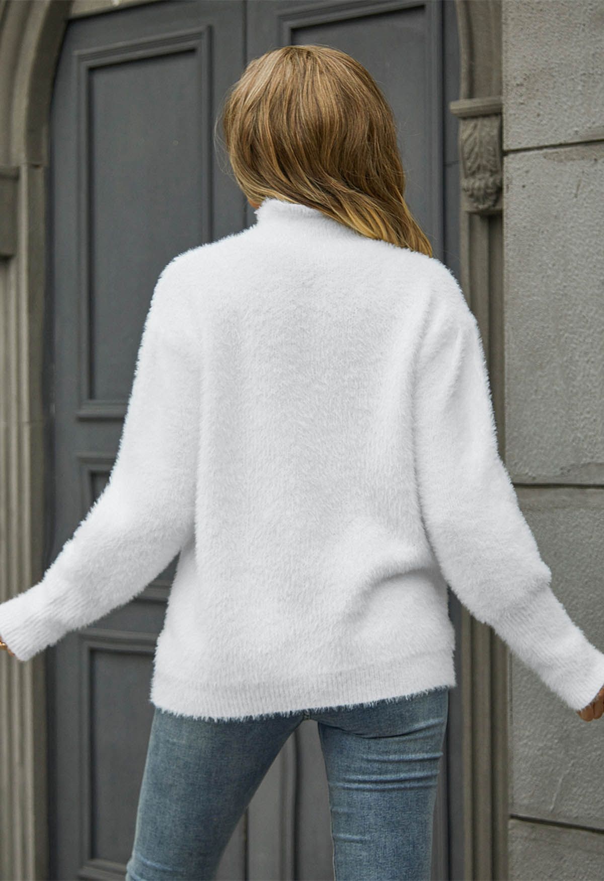 Cozy Perfection High Neck Fuzzy Knit Sweater in White