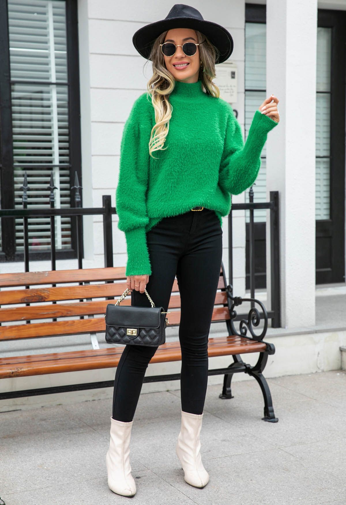 Cozy Perfection High Neck Fuzzy Knit Sweater in Green