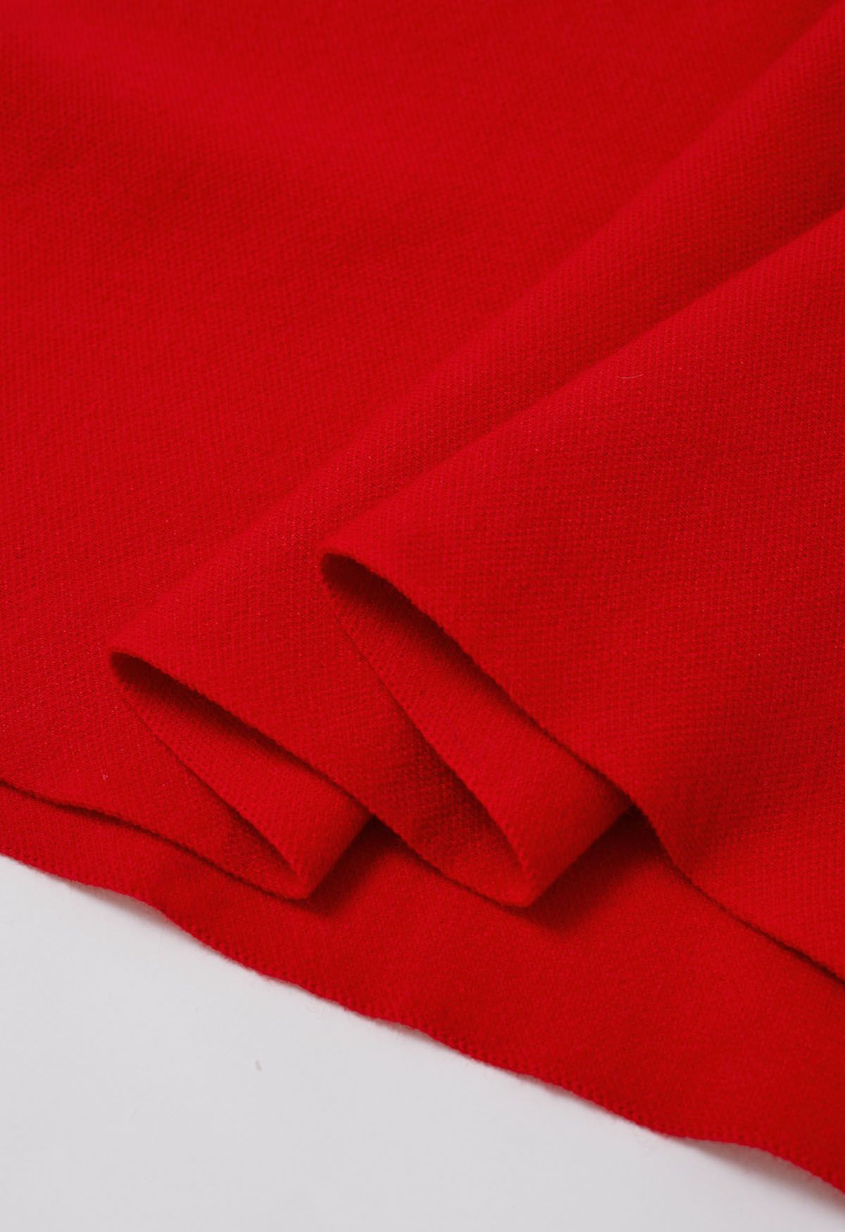 Faux Fur Sleeve Split Hem Knit Poncho in Red