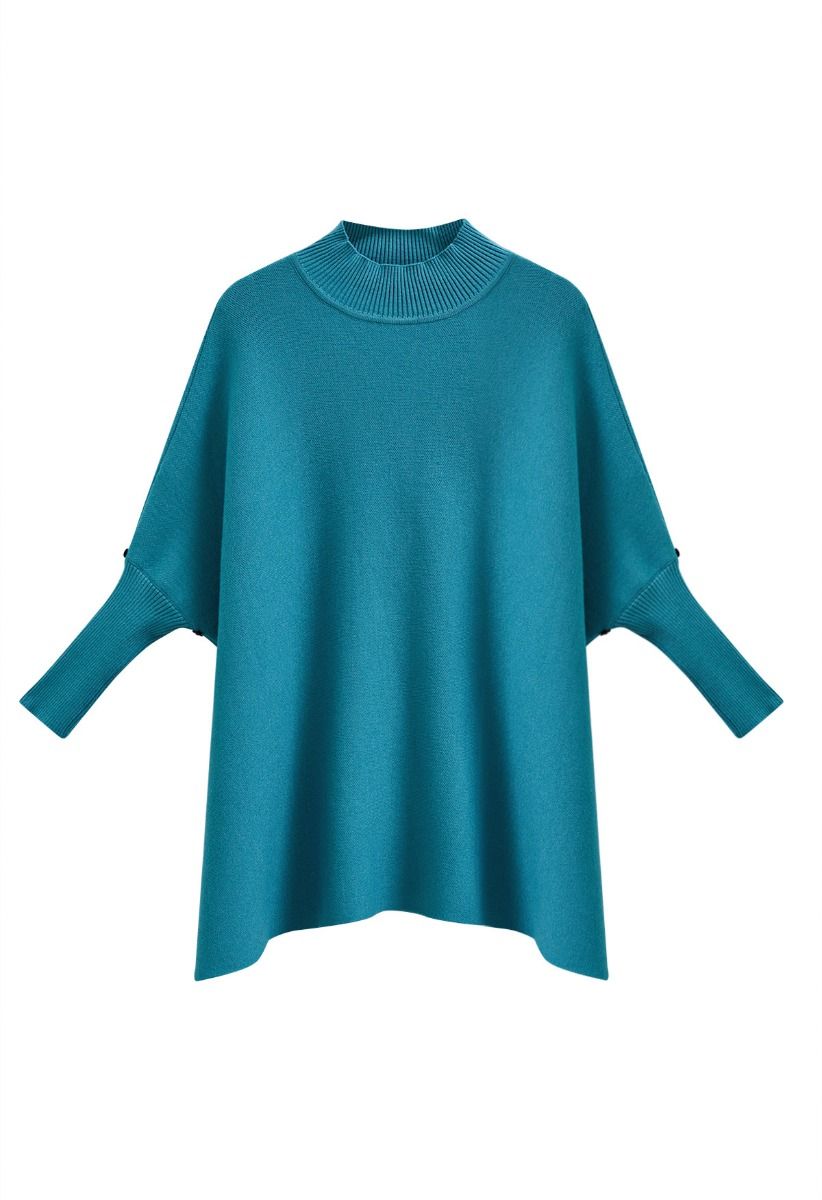 Faux Fur Sleeve Split Hem Knit Poncho in Turquoise