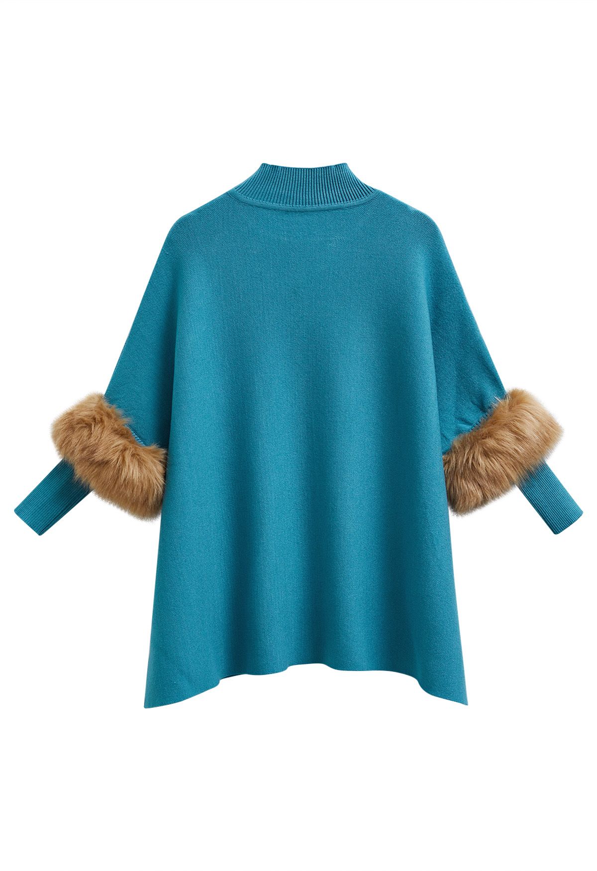 Faux Fur Sleeve Split Hem Knit Poncho in Turquoise