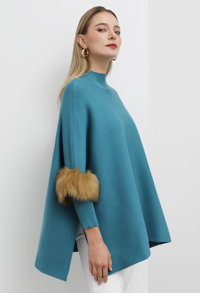 Faux Fur Sleeve Split Hem Knit Poncho in Turquoise