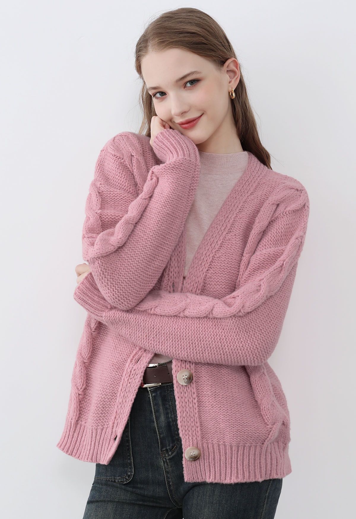 Braid Pattern Buttoned Knit Cardigan in Pink