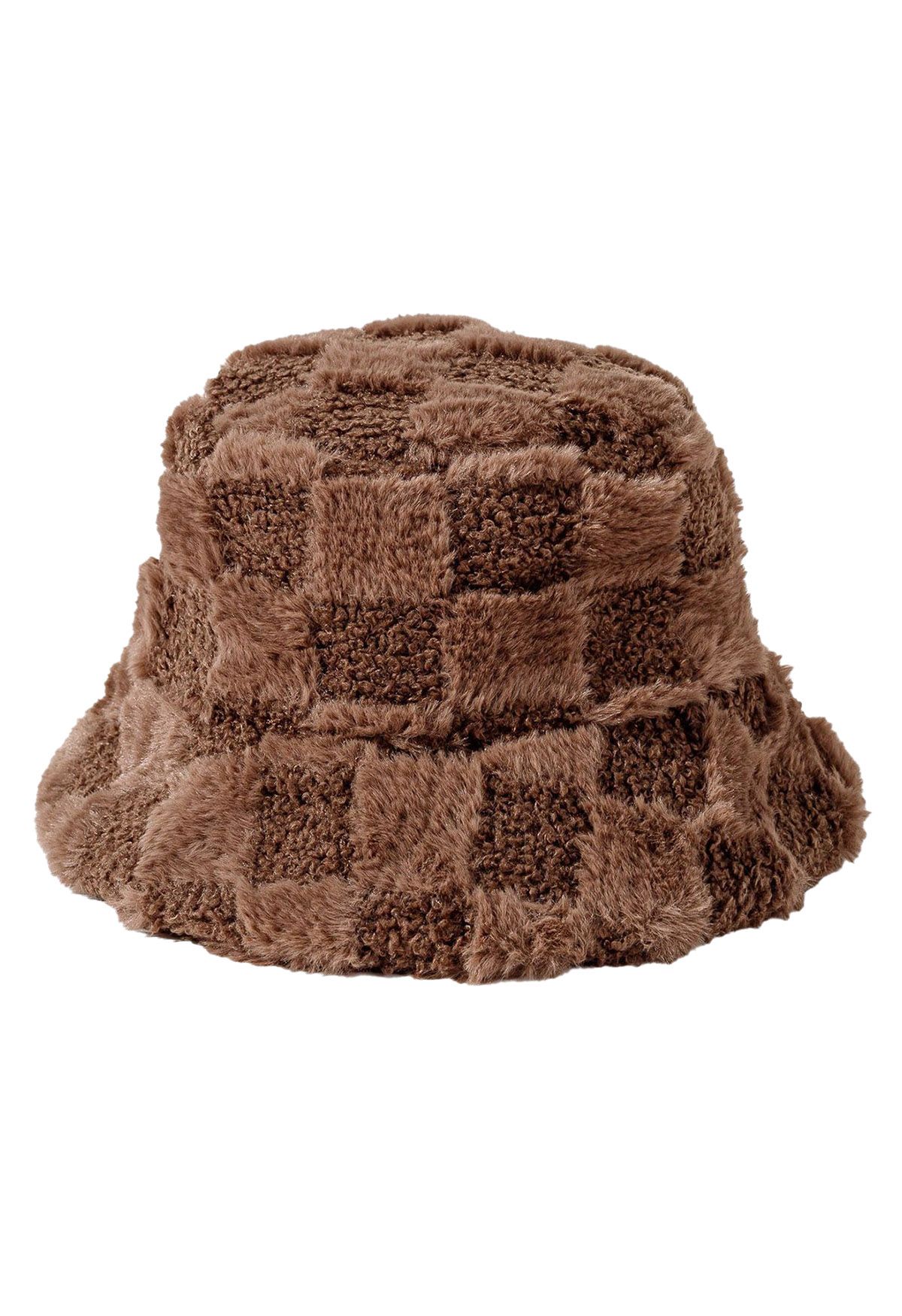 Check Fuzzy Bucket Hat in Brown